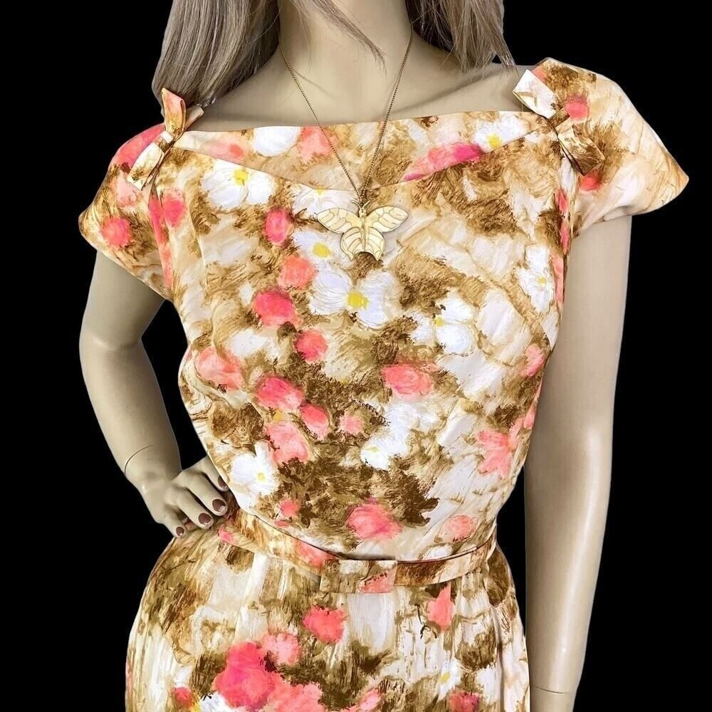 Vintage 50s Floral Silk Wiggle Dress Small | Hollywood Regency Mid Century Glam - Picture 5 of 9